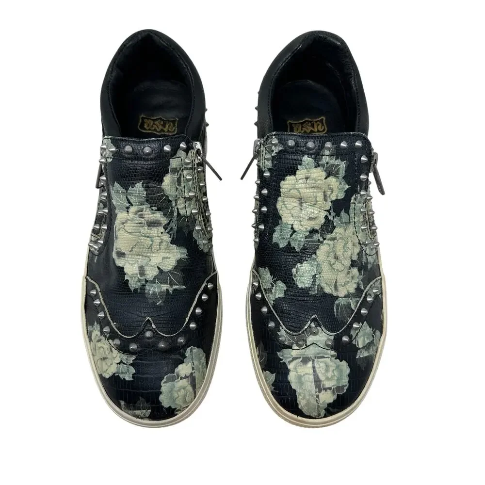 Ash Jasmin‎ Platform Sneakers Leather Floral Studded Black Blue Size 38 US 7.5 8